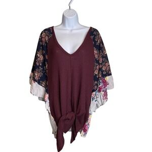 Hummingbird Women's Floral Patchwork Waffle‎ Knit Tie Front Top Size 2XL Boho